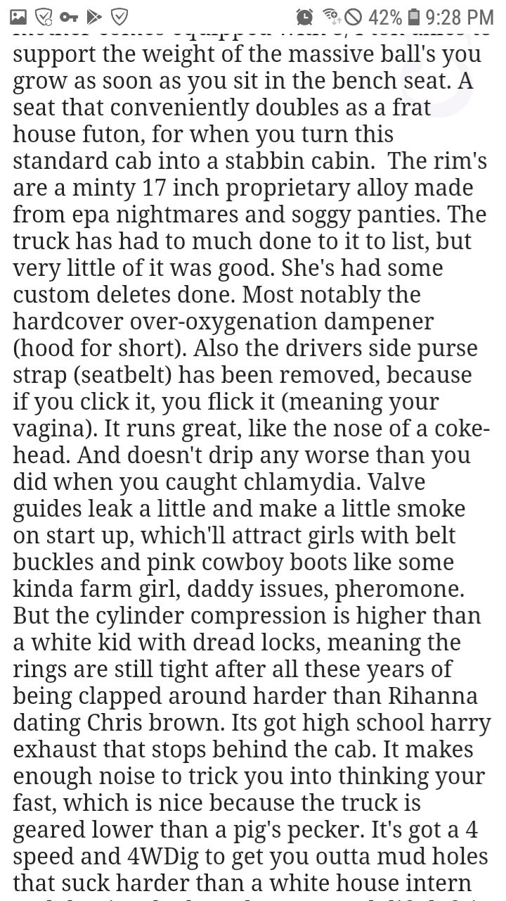 Screenshot of text describing a vehicle with suggestive and humorous language.