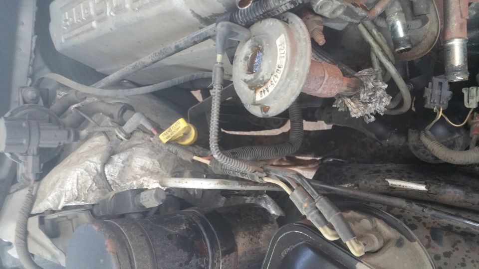 Engine bay of a 1996 Ford Bronco with hoses, wiring, and a yellow "TRANS FLUID" tag.