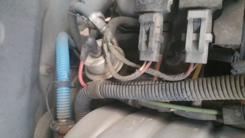 1996 Ford Bronco - A close-up view of engine components in a 1996 Ford Bronco, showing electrical connectors, vacuum lines, and a corrugated hose.