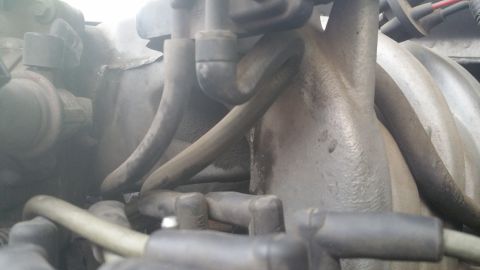 1996 Ford Bronco - A close-up view of engine components, including vacuum lines and spark plug wires, connected to a metal intake manifold.