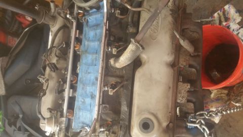 1996 Ford Bronco - A close-up, overhead view of a Ford engine with fuel injectors visible. A metal chain is attached to the engine block near an orange bucket.