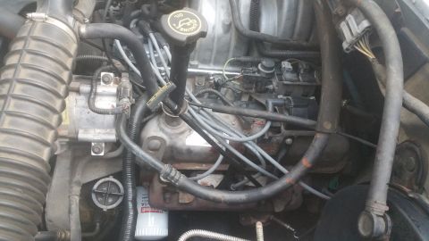 1996 Ford Bronco - This is a close-up view of the engine bay of a 1996 Ford Bronco, showing various components such as the air intake, engine oil cap, spark p…