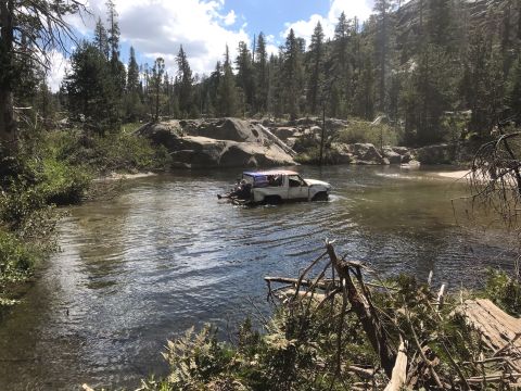 1984 Ford Bronco - A white and red 1984 Ford Bronco is driving through a shallow river in a wooded area.