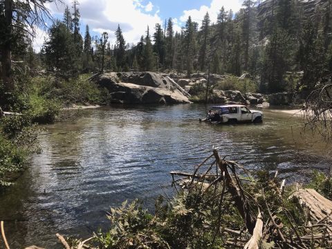 1984 Ford Bronco - A white 1980s Ford Bronco is submerged in a shallow river, with its roof and part of the interior visible above the water. The vehicle is s…