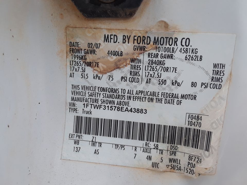 '08 F-350 door certification label dated 02/07 with GVWR, axle ratings and LT265/70R17E tire data