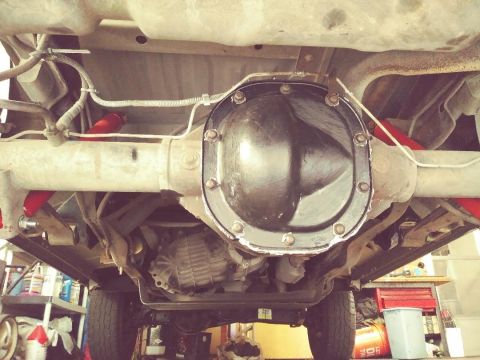 1996 Ford Bronco - Underside view of a vehicle's rear axle assembly, featuring a black differential cover, red shock absorbers, and exhaust components. The sc…