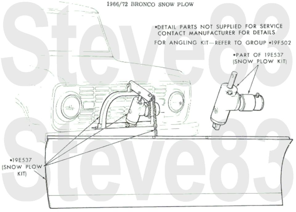 '66-72 Bronco snow plow parts catalog drawing with 19E537 kit callouts and lift cylinder detail