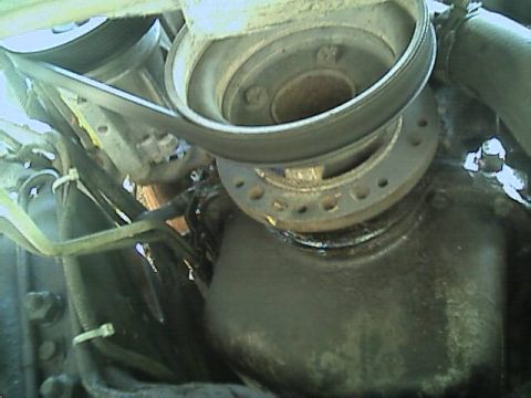 1989 Ford Bronco - This image shows a close-up view of the engine's pulley system and drive belt.
