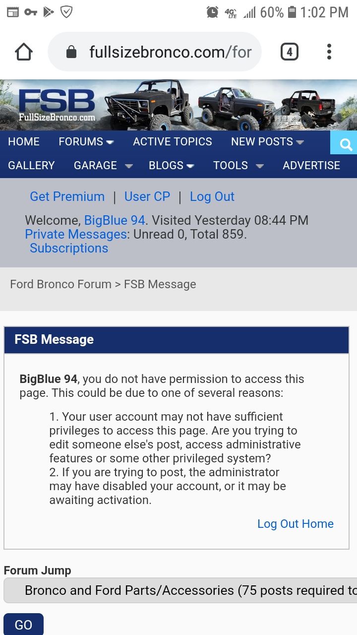 Screenshot of a forum error message on fullsizebronco.com