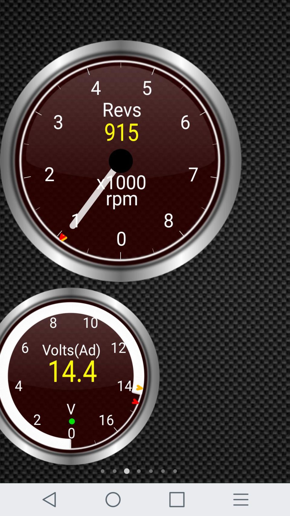 Two digital gauges showing 915 RPM and 14.4 Volts against a carbon fiber background