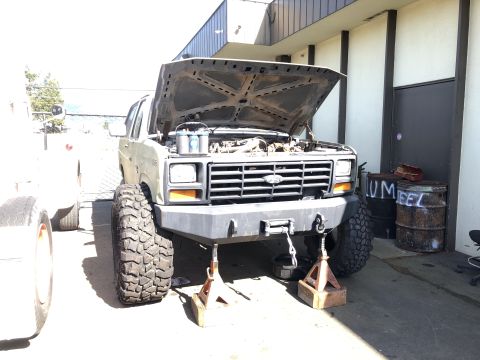 1986 Ford Bronco - This 1986 Ford Bronco is undergoing maintenance with its hood raised and front end supported by jack stands.