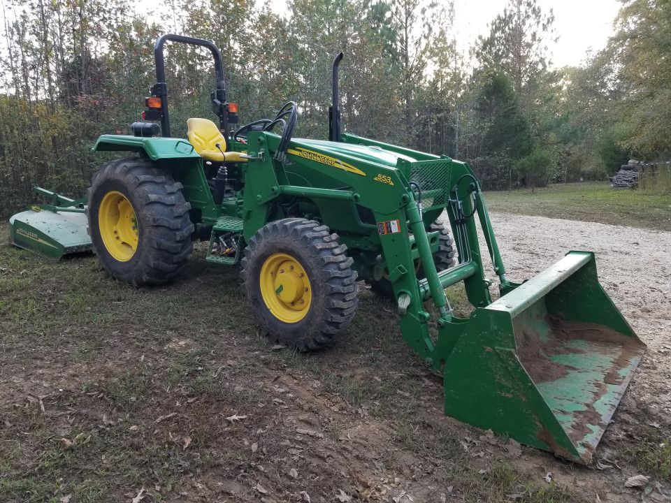 This tractor was bought new in 2011 to improve & maintain a freshwater boat dock in Texas, and to mow a few acres in Alabama. Since the TX land was sold, there's no need to keep hauling it that far, so it's being stored here until the AL land sells.

https://partscatalog.deere.com/jdrc/navigation/equipment/1769956 
https://manuals.deere.com/omview/OMSJ301048_19/?tM= 
https://manuals.deere.com/omview/OMW53503_19/OUMX005_0002837_19_18AUG08_1.htm