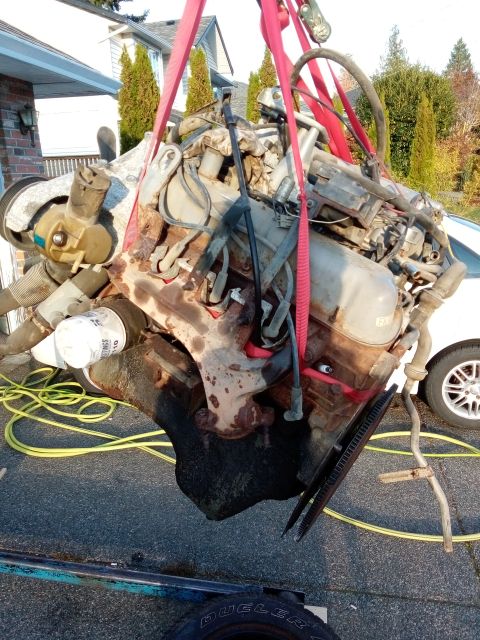 1994 Ford Bronco - A heavily corroded engine is suspended by red straps, with a portion of a white vehicle visible behind it.