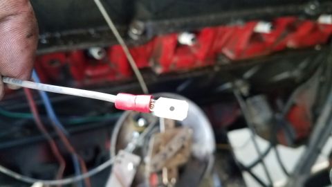 1985 Ford Bronco - Close-up of a hand holding a wire with a red connector, with engine parts in the background.