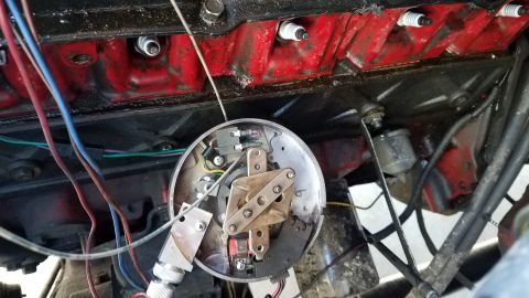 1985 Ford Bronco - Close-up view of an engine's distributor cap, wiring, and spark plugs.
