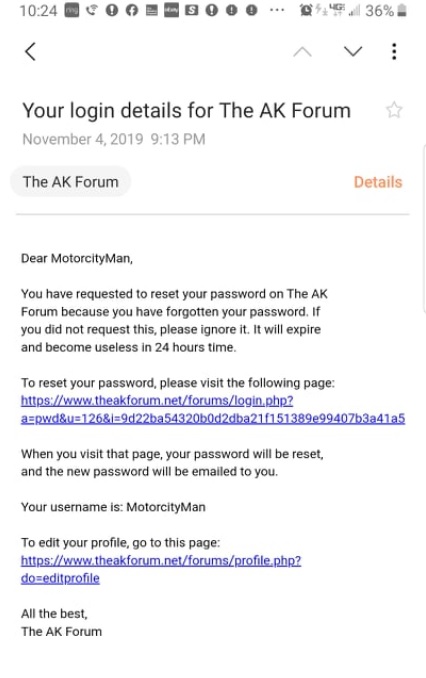 2000 Ford Crown Victoria - Email provides login details for The AK Forum and includes links for password reset and profile editing.