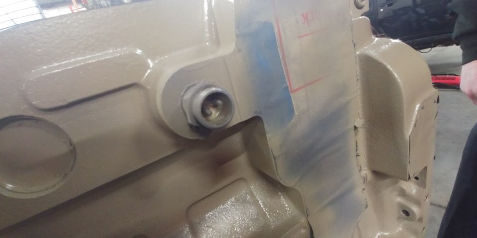 20191105 - Block painted and drying. Ran out of paint, it needs another coat or two. This little plug looks like it might already be a block heater.