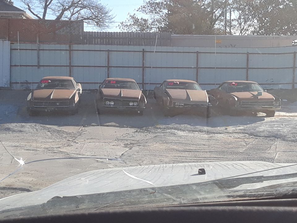 Four older model cars parked in a lot, each with red tags on the windshields