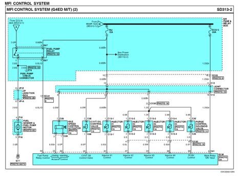 2008 Hyundai Accent - This diagram illustrates the MFI control system, detailing components like the fuel pump relay and multiple injectors.