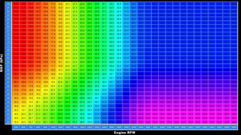 1985 Ford Bronco - Engine-tuning map table of values across MAP (kPa) and RPM, an ECU calibration grid rather than a standard service document.