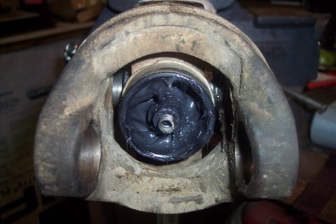 1995 Ford Bronco - A universal joint is shown packed with black grease, likely for maintenance.