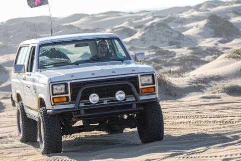 1981 Ford Bronco - Ford Bronco navigates sandy terrain, kicking up dust as it drives.
