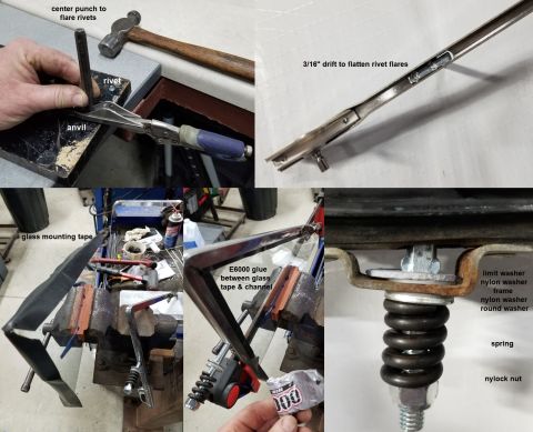 1974 Ford Bronco - Using vise grips to keep the pieces tight, I set the rivets for the L-bolt & latch; then flattened them. This glass tape is too thin to hol…