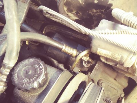1996 Ford Bronco - Engine bay detail showing hoses and a fluid reservoir cap with visible text markings.