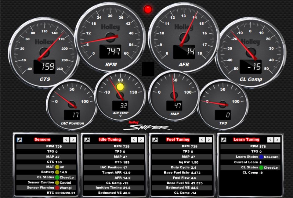 Digital dashboard with multiple gauges showing RPM, AFR, air temp, MAP, TPS, and other engine data