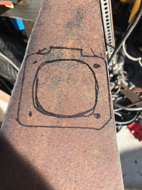 1992 Jeep Wrangler - A hand-drawn template for a gasket is visible on a piece of rusty metal, with a website logo in the corner.