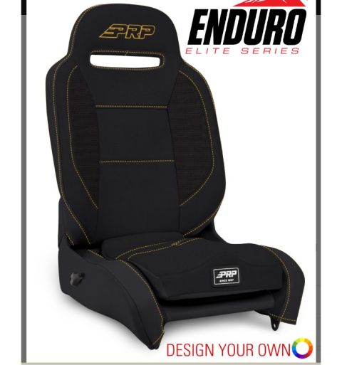 1978 Ford Bronco - PRP Enduro Elite Series racing seat shown with yellow stitching and branding.
