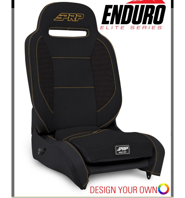 Black PRP Enduro Elite Series racing seat with yellow stitching