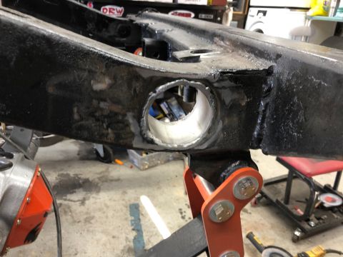 1992 Jeep Wrangler - Close-up of a vehicle frame section undergoing repair or modification.