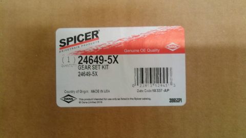 1978 Ford Bronco - A close-up of a Spicer Drivetrain Products label for a gear set kit. The label shows a part number, quantity, country of origin, and a barc…