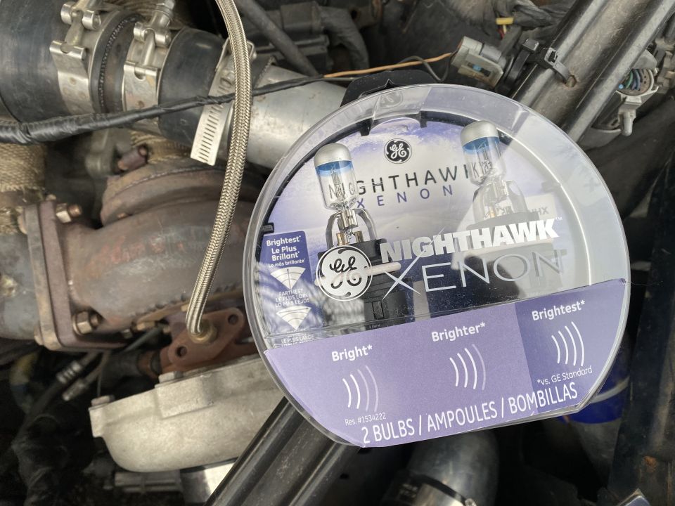 GE Nighthawk Xenon headlight bulbs in packaging, in front of a vehicle engine bay.