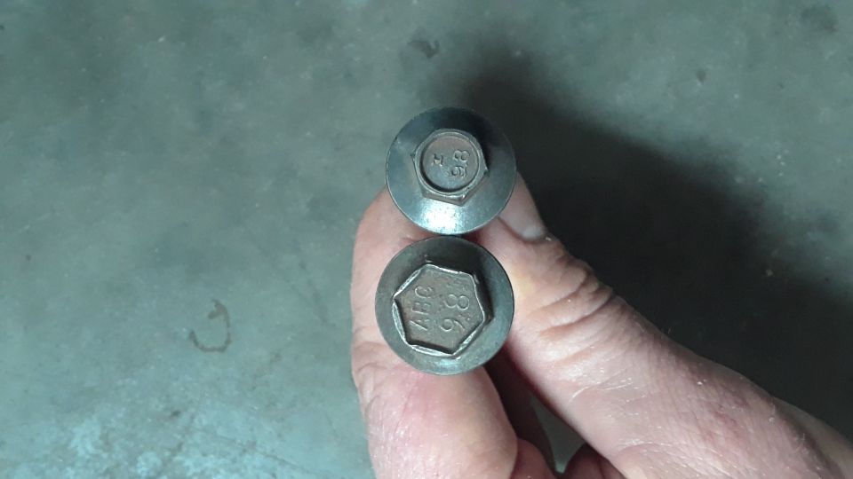 Two bolts with stamped markings '8.8' and 'ABC 8.8' held in a hand.