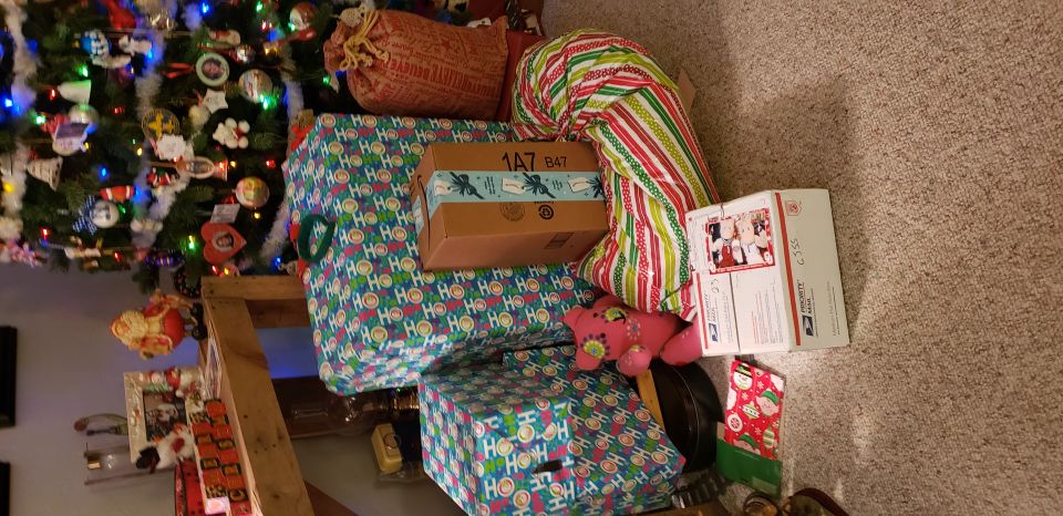 Christmas presents wrapped in festive paper around a decorated Christmas tree.