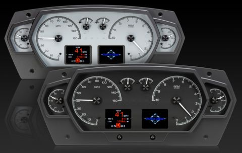 1992 Jeep Wrangler - Two Dakota Digital instrument clusters are shown against a black background. The top cluster has a white face with chrome accents, while th…