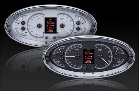 1992 Jeep Wrangler - Two oval-shaped digital gauge clusters with chrome bezels are shown against a black background. The top cluster has a white face with black…