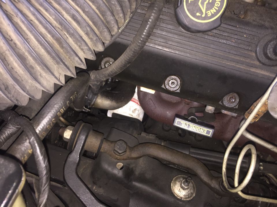 Close-up of a car's engine bay, showing hoses, engine parts, and an oil filter
