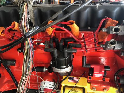 1992 Jeep Wrangler - Close-up of an engine bay a distributor cap, spark plug wires, and an MSD ignition coil.