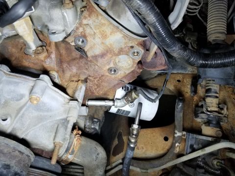 1993 Ford F-250 - While swapping to a Saginaw pump, I added an oil pressure extension so I can mount a sender later. IF THE IMAGE IS TOO SMALL, click it.