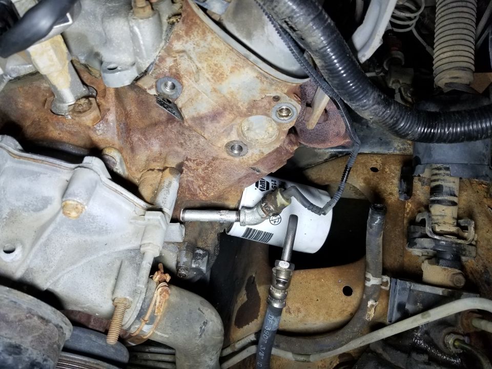 While swapping to a Saginaw pump, I added an oil pressure extension so I can mount a sender later.
IF THE IMAGE IS TOO SMALL, click it.
