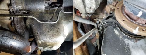 1993 Ford F-250 - The pan gasket seems to be leaking - there's nothing wet above it, and the gasket is coming out of the gap in a few places. I'll try tighte…