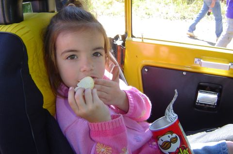 1974 Ford Bronco - A young girl sits inside a yellow vehicle, enjoying a snack.