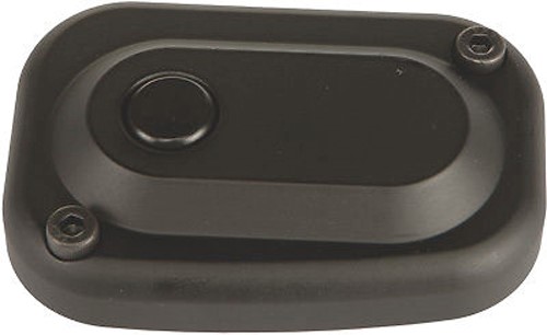 Black motorcycle part with two visible screws, oval indentation in center