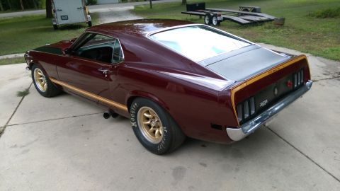1970 Ford Mustang - This 1969 Ford Mustang Mach 1 features a distinctive gold stripe and racing tires, viewed from the rear quarter angle.