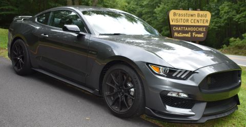 2019 Ford Mustang - A dark gray Ford Mustang GT350 is parked near a sign for the Brasstown Bald Visitor Center.