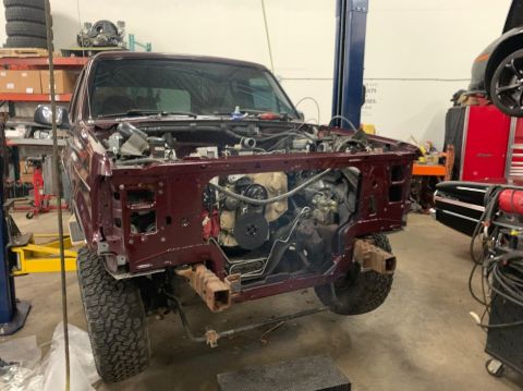 1996 Ford Bronco - 20200102 - Core support is painted and installed. Fits up nicely, but does get in the way of the sway bar.