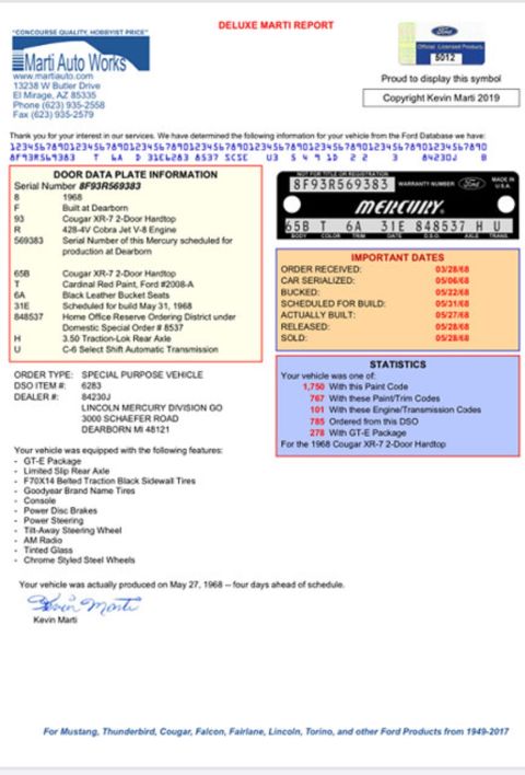 1968 Mercury Cougar - This document provides a detailed report on a 1968 Mercury Cougar XR-7, listing its specifications and production information.